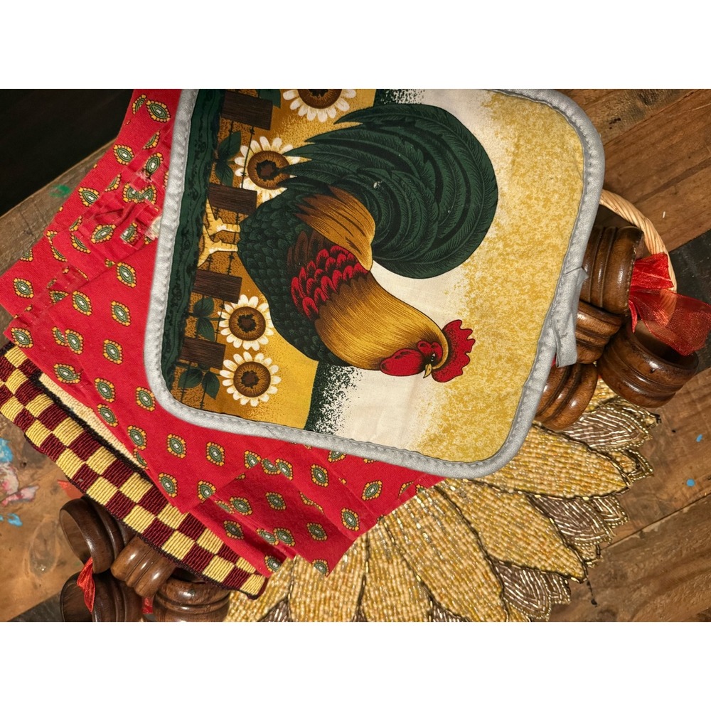 Farmhouse Kitchen Linens Set Rooster Pot Holder Red Towels Wooden Napkin Rings